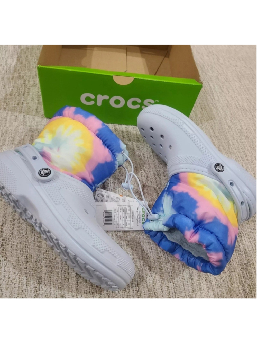 NEW Crocs Classic Lined Neo Puff Boots Clogs Womens Size 6 Multicolor Tie Dye